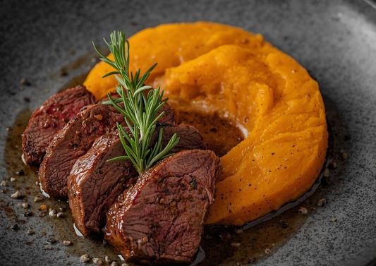 solomillo de ternera al romero con puré de boniato, cena baja en FODMAP para SIBO