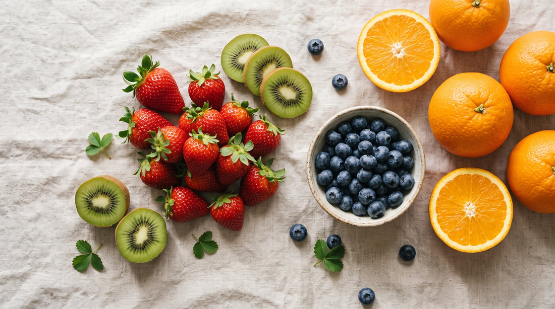 Bodegón de frutas frescas bajas en FODMAP con fresas, kiwi, naranjas y arándanos sobre mesa de madera