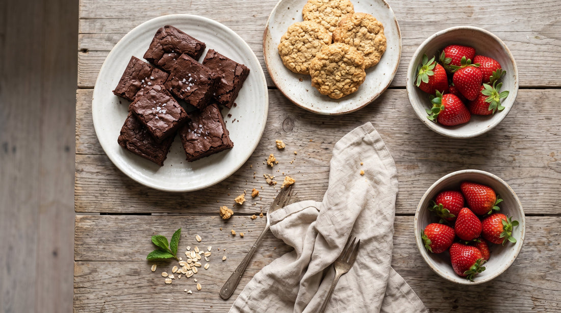 Mesa de repostería casera con brownie de chocolate negro, galletas de avena y fresas frescas