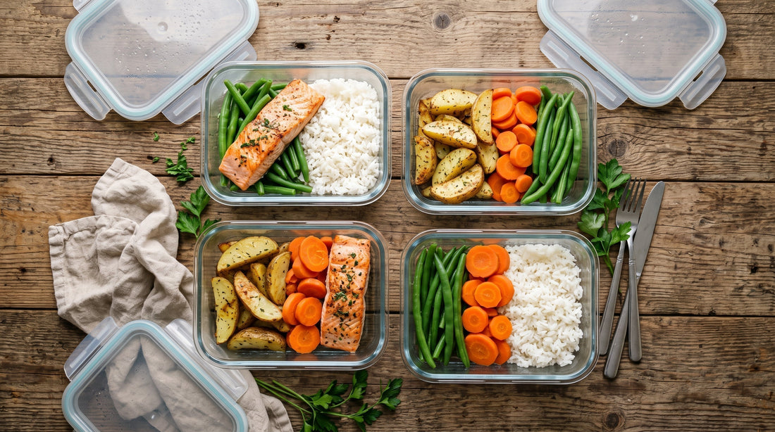 Mesa organizada con tápers de batch cooking saludable y menú semanal bajo en fermentos